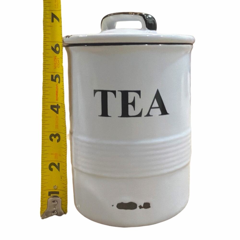District 23 White Ceramic Tea Crock Canister Jar w Lid Enamel-Ware-Look Distress